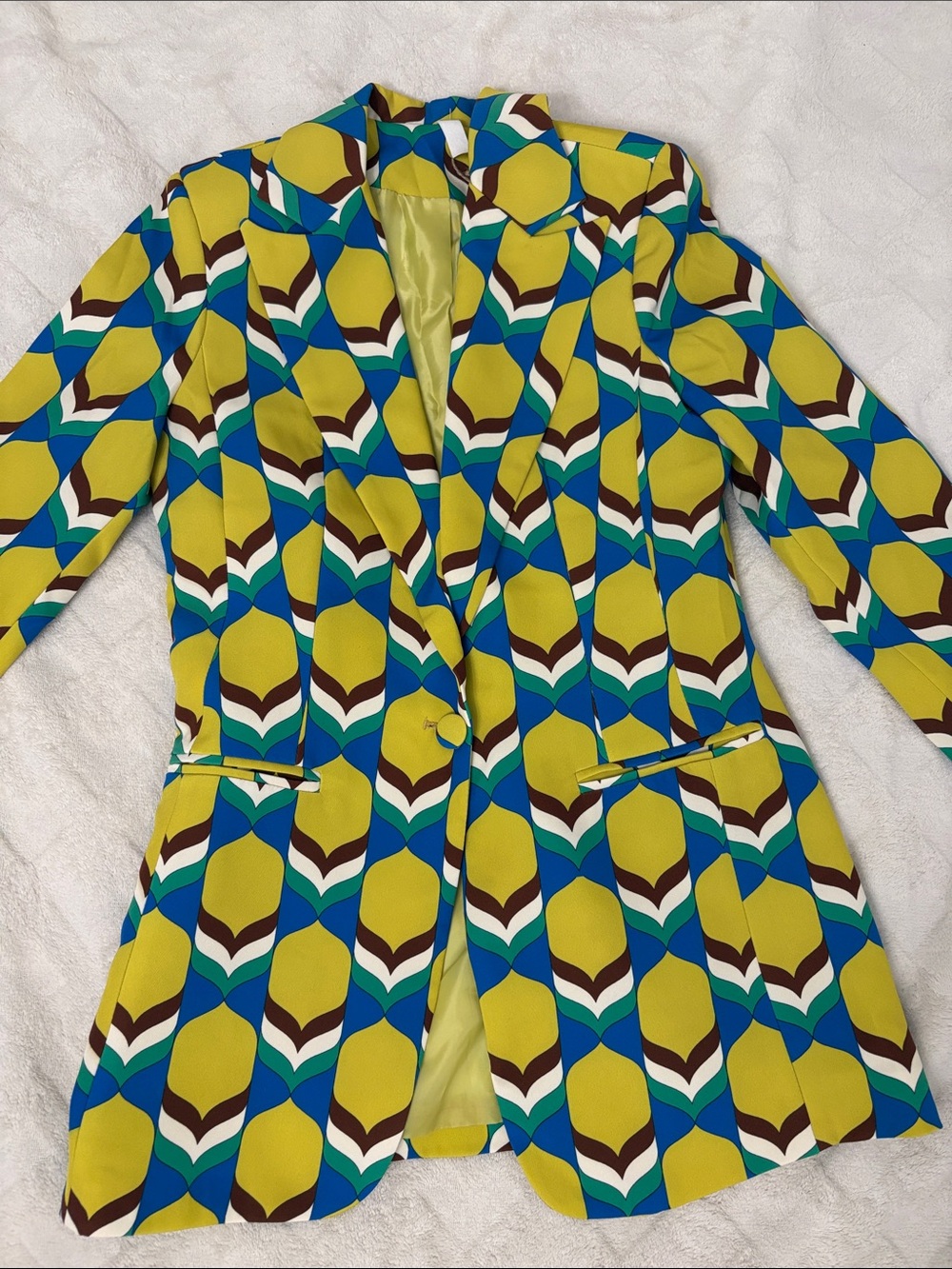 Vibrant Geometric Pattern Blazer - Lime, Blue, Teal, Brown